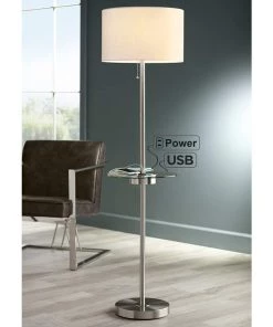 Lamp Plus Caper Brushed Nickel Tray Table Floor Lamp With USB Port And Outlet Lamps