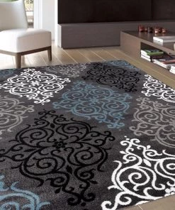 WRG Damask Grey Blue White Soft Contemporary Area Rug