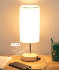 Modern Rugs And Decor Lamps Bedside Lamp With USB Port - Touch Wood 3 Way Dimmable Nightstand Lamp With Round Flaxen Fabric Shade