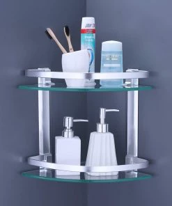 Modern Rugs And Decor Furniture Heavy Duty Wall Mounted Corner Shelves Aluminum Tempered Glass Storage 2-Tiers