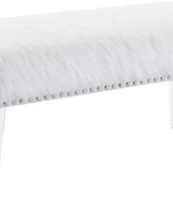 White Faux Fur Ottoman Bench Upholstered Bench For Bedroom/Entryway/Hallway/Living Room Bedding
