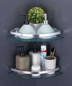 Modern Rugs And Decor Heavy Duty Wall Mounted Corner Shelves Aluminum Tempered Glass Storage Hanging 2-Tiers Furniture