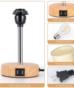 Modern Rugs And Decor Lamps Bedside Lamp With USB Port - Touch Wood 3 Way Dimmable Nightstand Lamp With Round Flaxen Fabric Shade