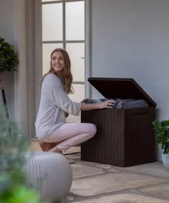 Keter 30 Gallon Resin Indoor/Outdoor Deck Box For Patio Furniture, Pool Accessories, And Toys Storage, Brown