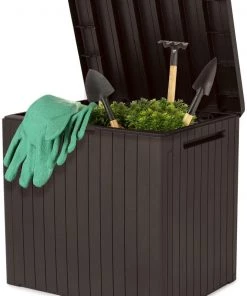 Keter 30 Gallon Resin Indoor/Outdoor Deck Box For Patio Furniture, Pool Accessories, And Toys Storage, Brown