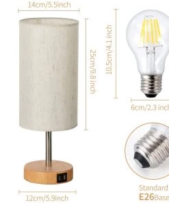 Modern Rugs And Decor Lamps Bedside Lamp With USB Port - Touch Wood 3 Way Dimmable Nightstand Lamp With Round Flaxen Fabric Shade