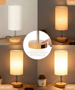 Modern Rugs And Decor Lamps Bedside Lamp With USB Port - Touch Wood 3 Way Dimmable Nightstand Lamp With Round Flaxen Fabric Shade