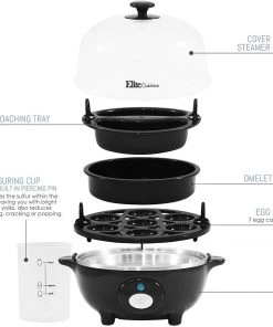 Elite Cuisine Kitchen Easy Electric Egg Poacher, Cooker W/ Auto-Shut Off, Buzzer, 7 Egg Capacity