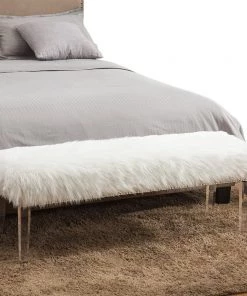 White Faux Fur Ottoman Bench Upholstered Bench For Bedroom/Entryway/Hallway/Living Room Bedding