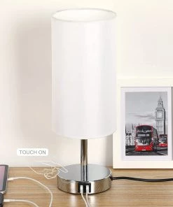 Modern Rugs And Decor Lamps Bedside Lamp With USB Port - Touch Wood 3 Way Dimmable Nightstand Lamp With Round Flaxen Fabric Shade