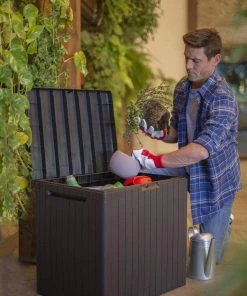 Keter 30 Gallon Resin Indoor/Outdoor Deck Box For Patio Furniture, Pool Accessories, And Toys Storage, Brown