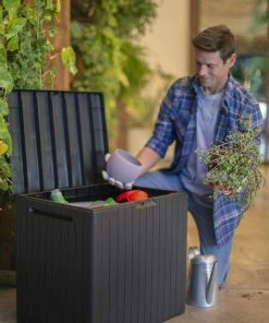 Keter 30 Gallon Resin Indoor/Outdoor Deck Box For Patio Furniture, Pool Accessories, And Toys Storage, Brown