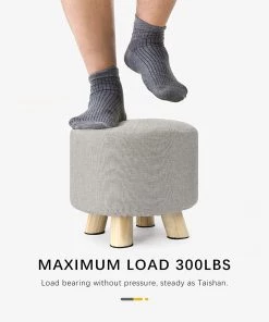 Modern Rugs And Decor Rug Pads/Grippers Round Ottoman Foot Rest Stool, Fabric Padded Seat With Non-Skid Wooden Legs And Removable Cover
