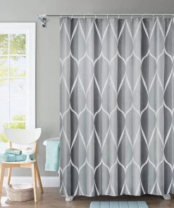 Modern Rugs And Decor Shower Curtain Polyester Fabric Machine Washable With 12 Hooks 72x72 Inch (Grey)