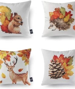 Modern Rugs And Decor Fall Throw Pillow Cover Autumn Harvest Animals And Maple Leaves - Set Of 4 Animal Print Rugs