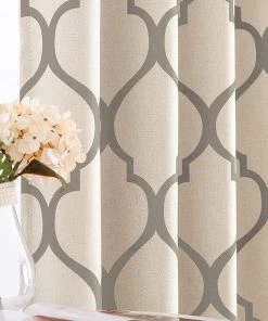 Modern Rugs And Decor Moroccan Tile Linen Textured Curtains Printed Curtain Panel Thermal Insulated Window Treatment 1 Panel 45 Inch Beige