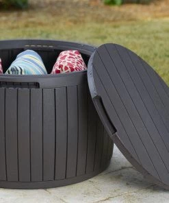 COL Brown Natural Wood Style Round Outdoor Storage Table/Ottoman - 37 Gallon