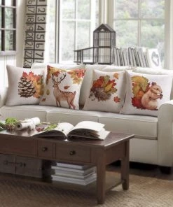 Modern Rugs And Decor Fall Throw Pillow Cover Autumn Harvest Animals And Maple Leaves - Set Of 4 Animal Print Rugs