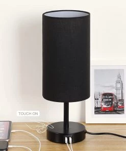 Modern Rugs And Decor Lamps Bedside Lamp With USB Port - Touch Wood 3 Way Dimmable Nightstand Lamp With Round Flaxen Fabric Shade