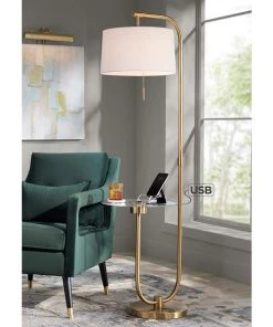Lamp Plus Lamps Possini Euro Volta Antique Brass USB Tray Table Floor Lamp