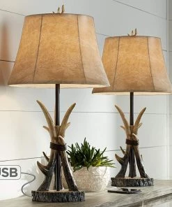 Boone Western Rustic Antler USB Table Lamps Set Of 2