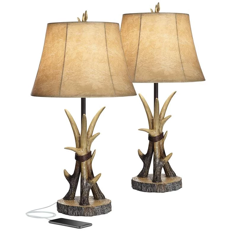 Boone Western Rustic Antler USB Table Lamps Set Of 2 2 Boone Western Rustic Antler USB Table Lamps Set Of 2