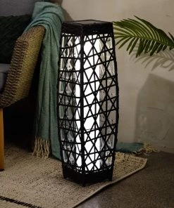 Grand Patio Store Grey Patio Outdoor Solar-Powered Woven Resin Wicker Lantern Floor Lamp Lamps