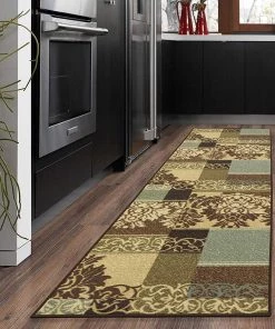 OT Damask Brown Green Beige Non Skid Area Rugs All Area Rugs And Runners