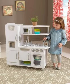 KidKraft Vintage Wooden Play Kitchen With Pretend Ice Maker And Play Phone, White Vintage/ Distressed Rugs