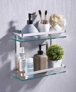 Modern Rugs And Decor Heavy Duty Rectangular Wall Mounted Corner Shelves Aluminum Tempered Glass Storage 2-Tiers