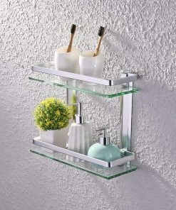 Modern Rugs And Decor Heavy Duty Rectangular Wall Mounted Corner Shelves Aluminum Tempered Glass Storage 2-Tiers