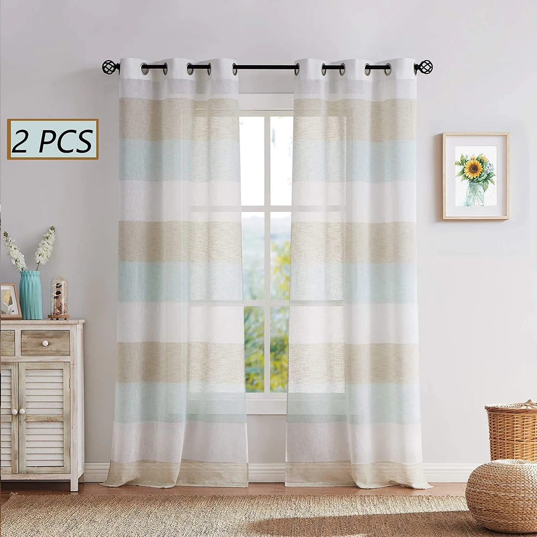 Modern Rugs And Decor Gray Tan Stripe Sheer Color Block Window Curtain Panel Linen 95 Inches Long With Grommets, 2 Panel Rustic Drapes 9 Modern Rugs And Decor Gray Tan Stripe Sheer Color Block Window Curtain Panel Linen 95 Inches Long With Grommets, 2 Panel Rustic Drapes