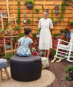 COL Brown Natural Wood Style Round Outdoor Storage Table/Ottoman - 37 Gallon