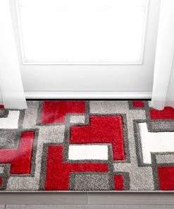 WW Modern Geometric Red Gray Comfy Hand Carved Area Rugs