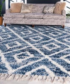 UL Lattice Tassel Blue Ivory Beige Plush Shag Area Rugs All Area Rugs And Runners
