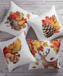 Modern Rugs And Decor Fall Throw Pillow Cover Autumn Harvest Animals And Maple Leaves - Set Of 4 Animal Print Rugs