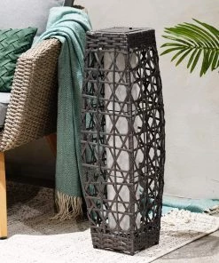 Grand Patio Store Grey Patio Outdoor Solar-Powered Woven Resin Wicker Lantern Floor Lamp Lamps