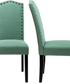 LSSBOUGHT Set Of 2 Luxurious Fabric Dining Chairs With Copper Nails And Solid Wood Legs (Light Gray) Luxurious Rugs