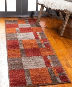 Warm Toned Checkered Multi-color Brown Orange Area Rugs