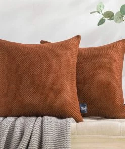 Modern Rugs And Decor Set Of 2 Classic Woven Textured Thick Solid Color Checker Plaid Square Throw Pillow Covers Cushion Cover Pillowcase For Couch Bed And Chair, Brown Bedding