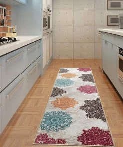 Antep All Area Rugs And Runners Modern Floral Non-Slip Low Profile Pile Rubber Backing Indoor Area Rugs White Multi