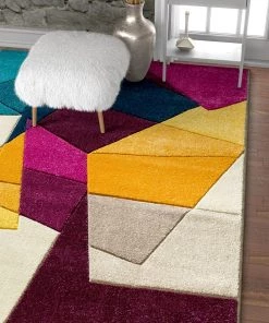WW Modern Geometric Blue Purple Fuchsia Yellow Comfy Hand Carved Area Rugs