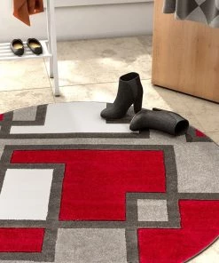 WW Modern Geometric Red Gray Comfy Hand Carved Area Rugs