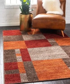 Warm Toned Checkered Multi-color Brown Orange Area Rugs
