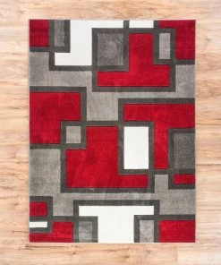 WW Modern Geometric Red Gray Comfy Hand Carved Area Rugs