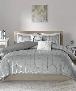 Modern Rugs And Decor Raina Comforter Metallic Print Geometric Design Modern Trendy All Season Bedding Set