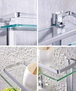 Modern Rugs And Decor Heavy Duty Rectangular Wall Mounted Corner Shelves Aluminum Tempered Glass Storage 2-Tiers