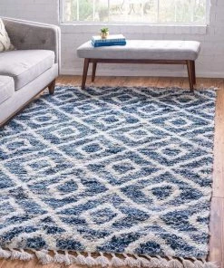 UL Lattice Tassel Blue Ivory Beige Plush Shag Area Rugs All Area Rugs And Runners