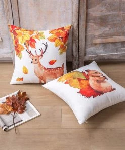 Modern Rugs And Decor Fall Throw Pillow Cover Autumn Harvest Animals And Maple Leaves - Set Of 4 Animal Print Rugs
