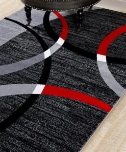 Persian-rugs Modern Abstract Circles Red Gray Soft Area Rug